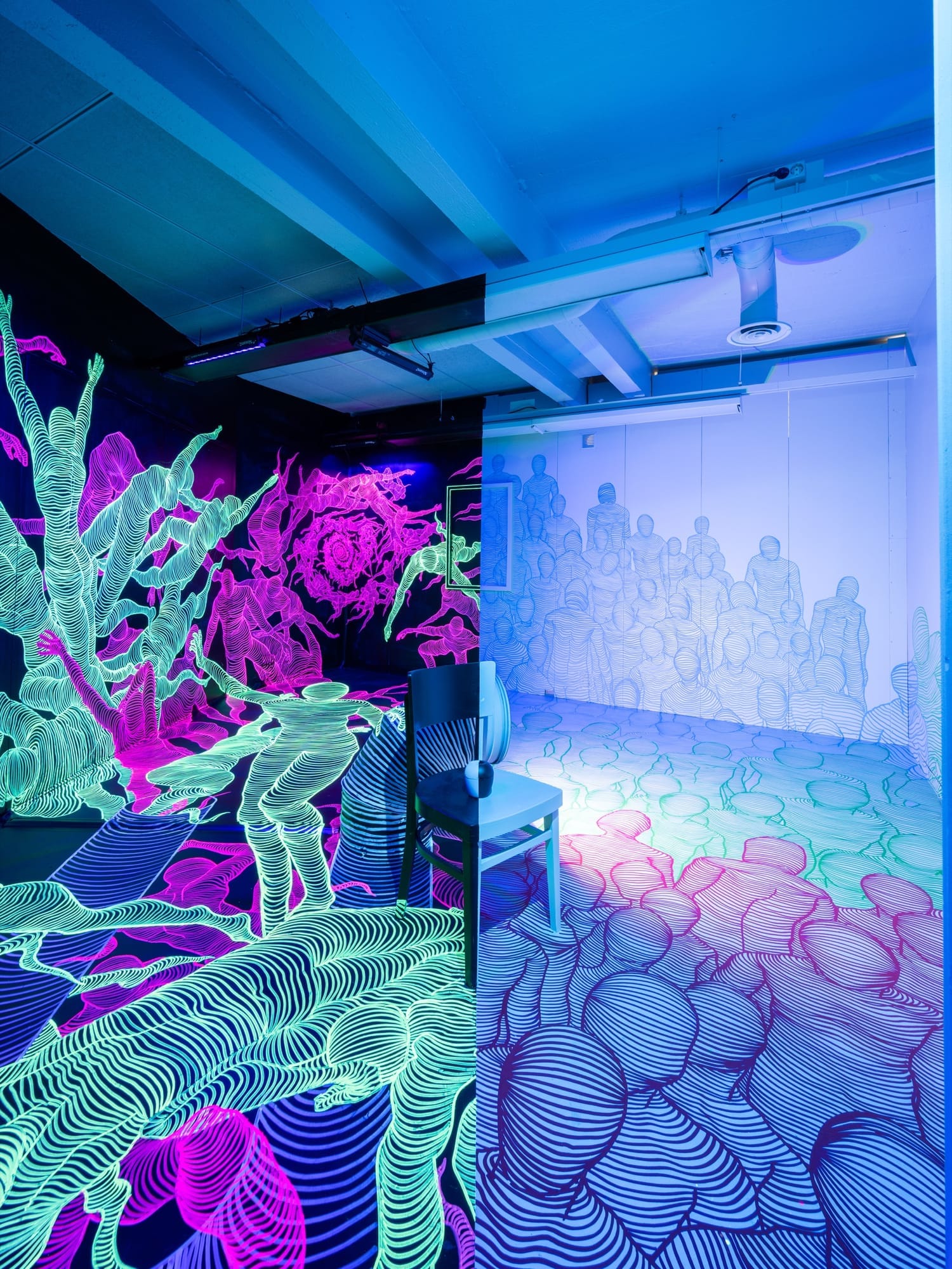 A room drawn entirely in fluorescent neon line art